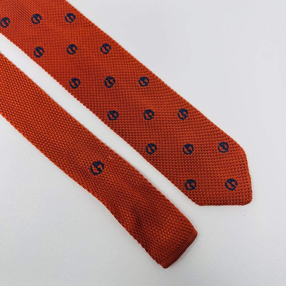 Giorgio Armani Mens Orange Knitted Silk Tie Blue GA Logo Pattern Made in Italy